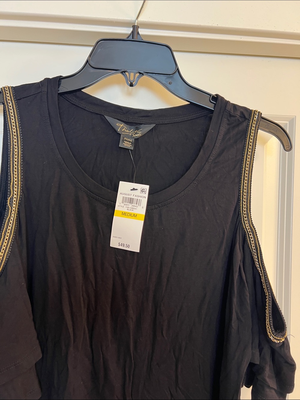 Thalia Sodi Black Cold-Shoulder Tank with Gold Trim